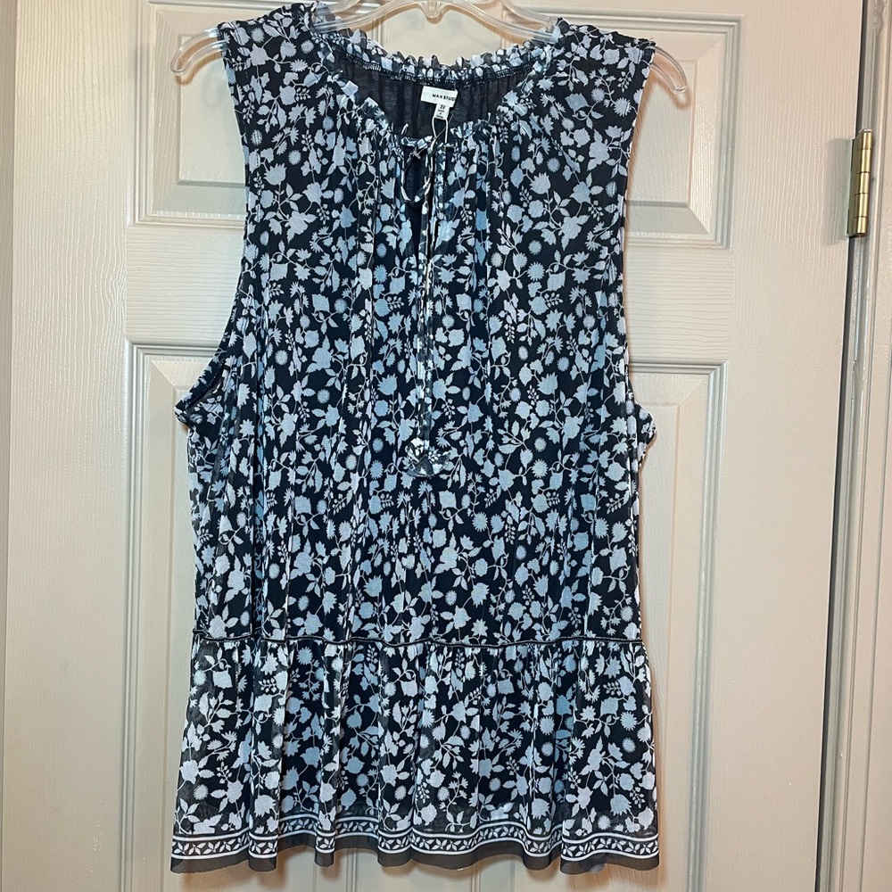 Max Studio Floral Sleeveless Top w/Keyhole Tie Neck, Black & Cream, NWT, Size 3X